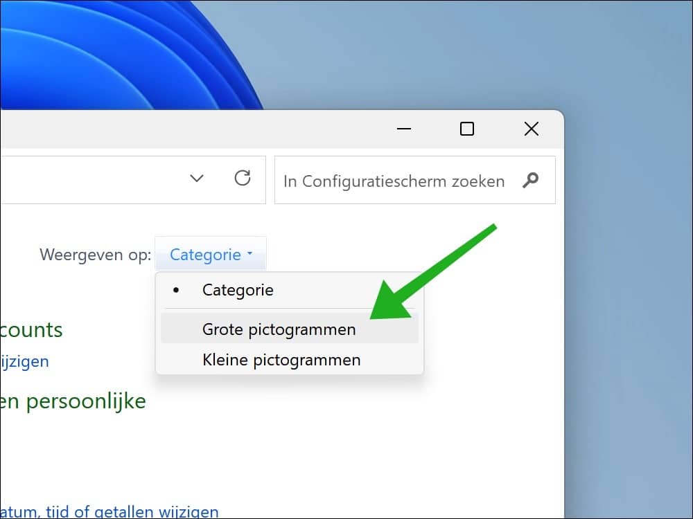 wijzigen naar grote pictogrammen
