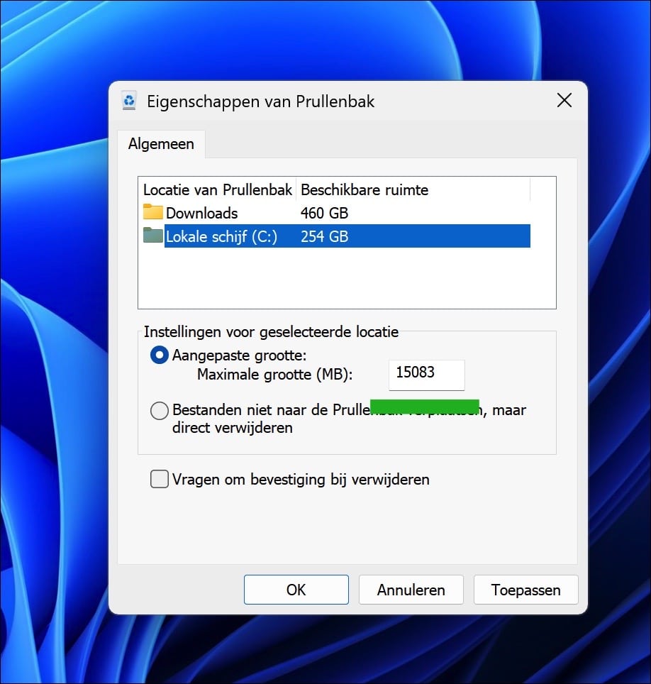 Aangepaste grootte voor de Prullenbak instellen