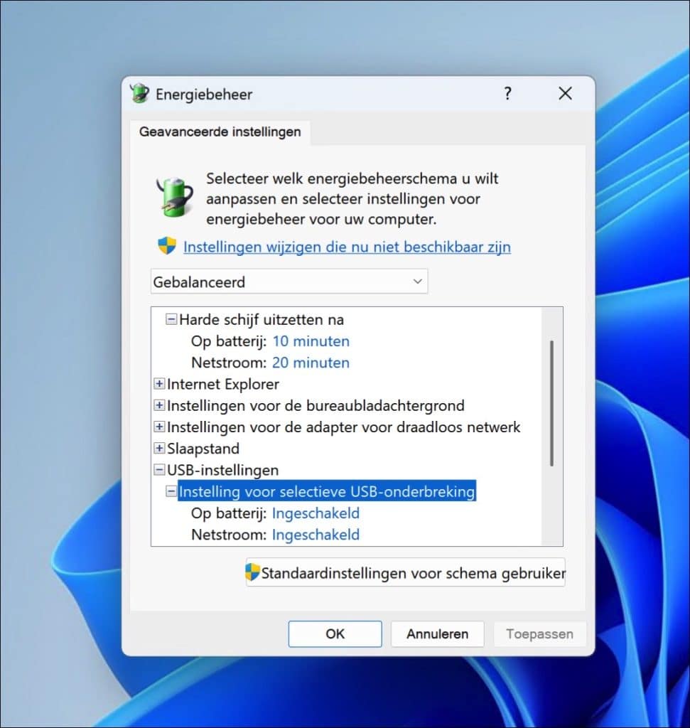 Instelling voor selectieve USB-onderbreking