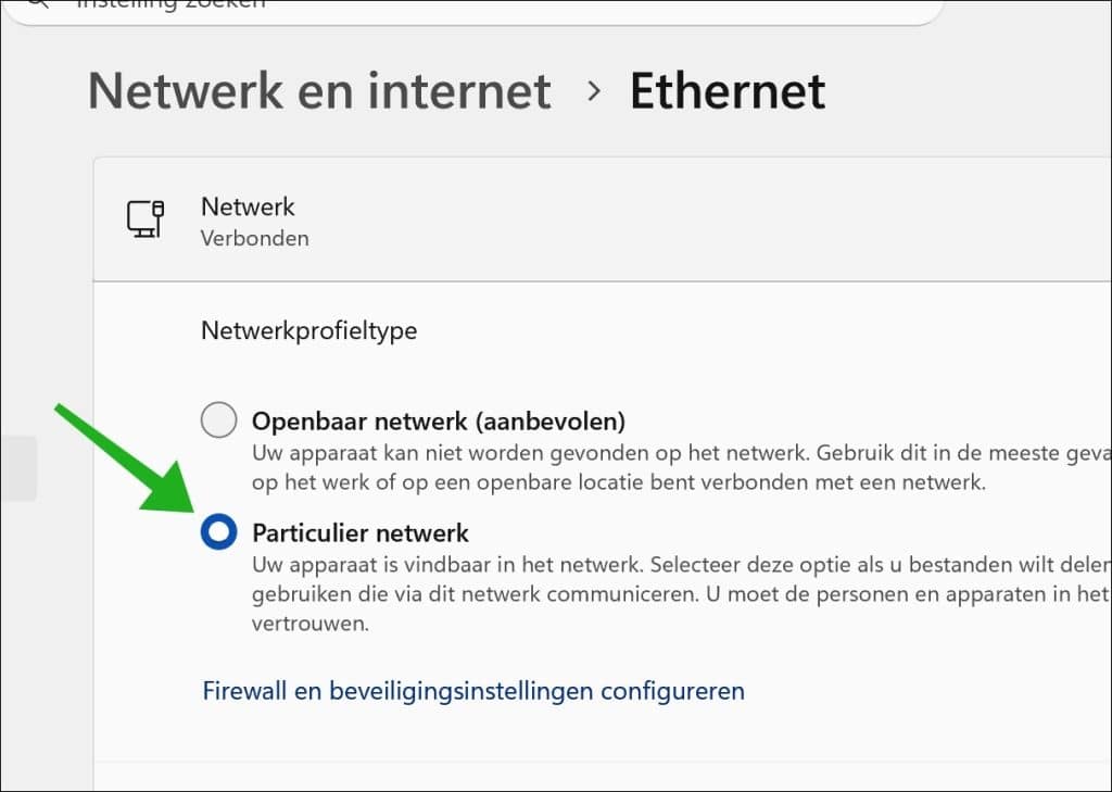 netwerkprofieltype particulier selecteren