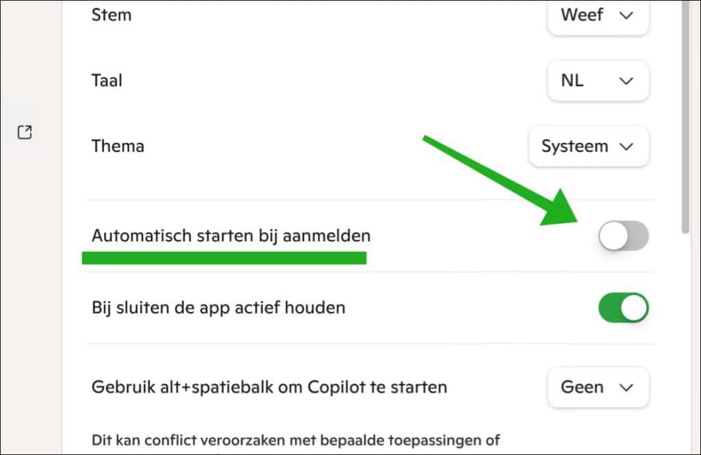 Automatisch starten van copilot uitschakelen via app-instellingen