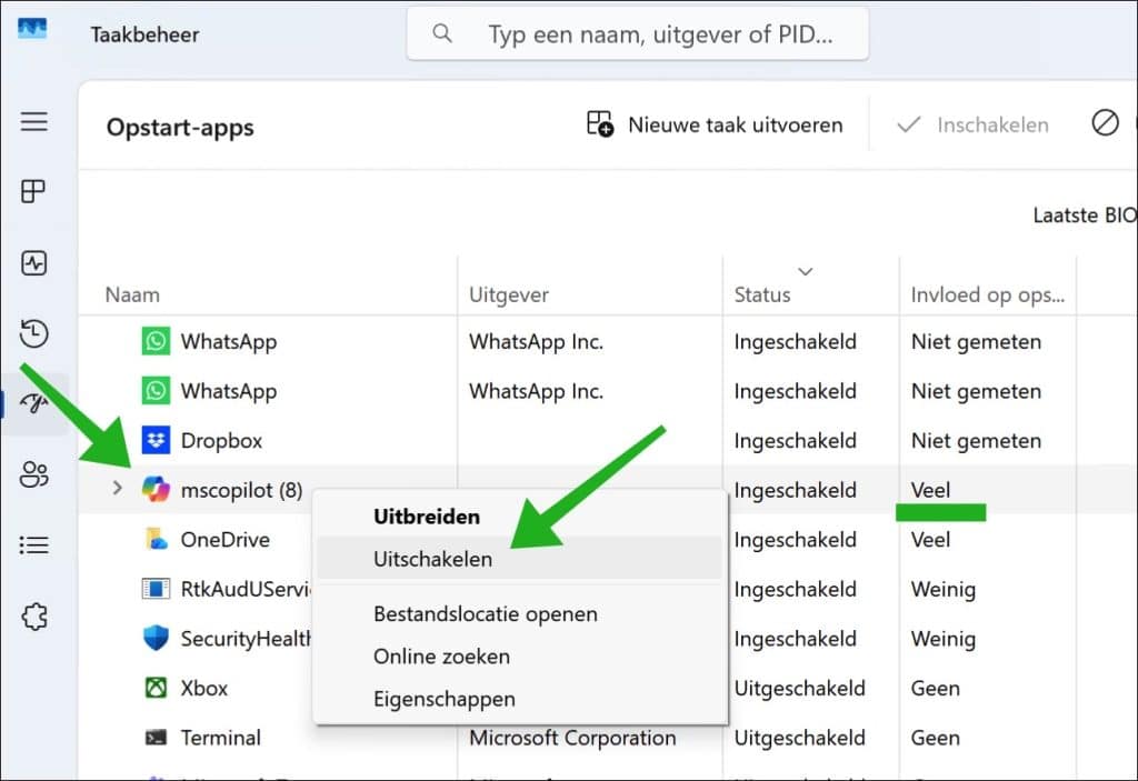 Copilot uitschakelen via Taakbeheer