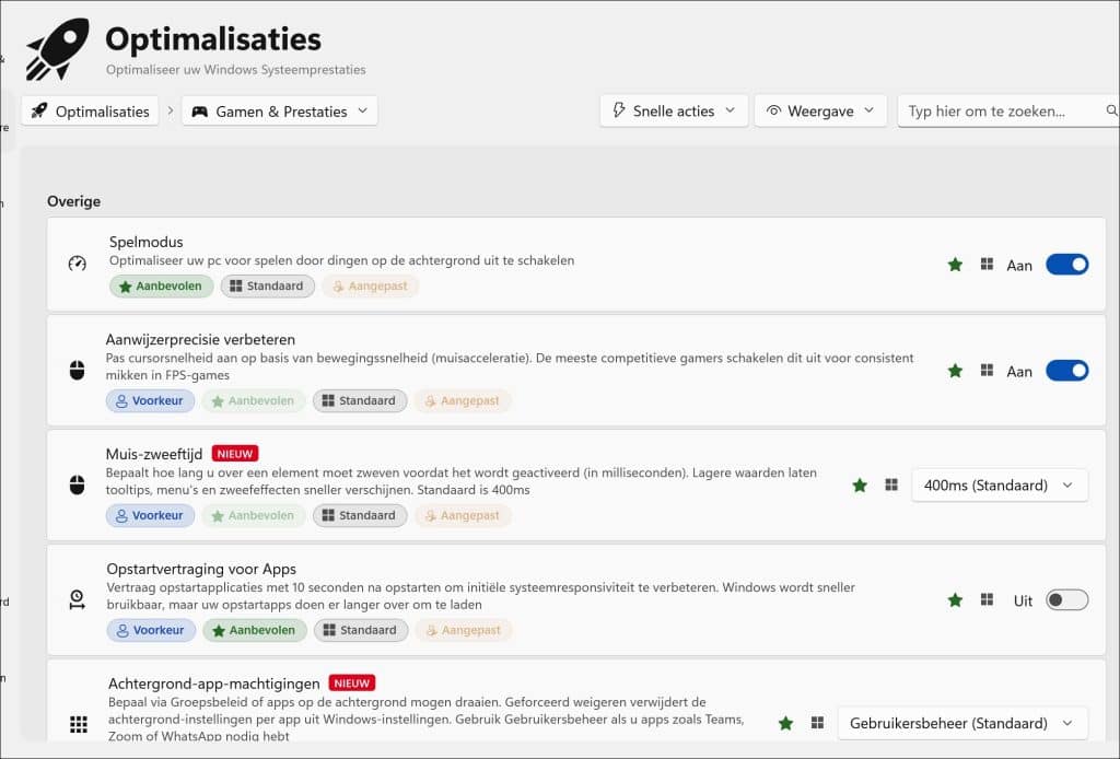 Gamen & Prestaties optimalisaties winhance