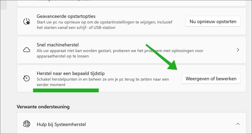Herstel naar bepaald tijdstip functie in Windows 11