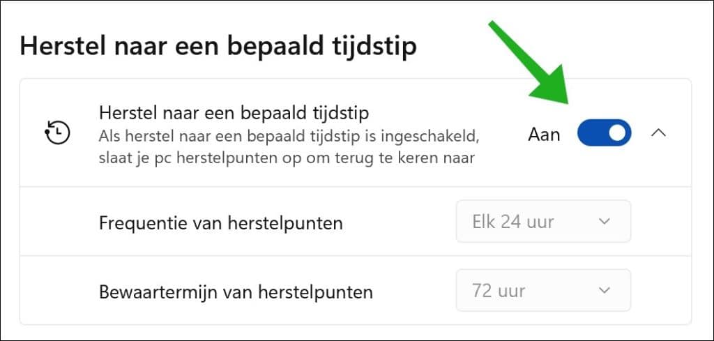 Herstel naar bepaald tijdstip inschakelen