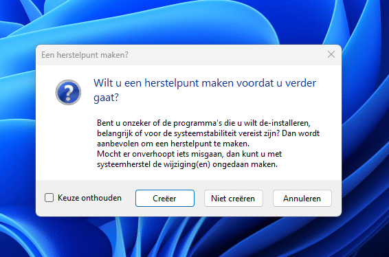 Herstelpunt maken voor verwijderen