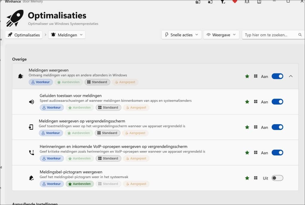 Meldingen optimalisaties winhance