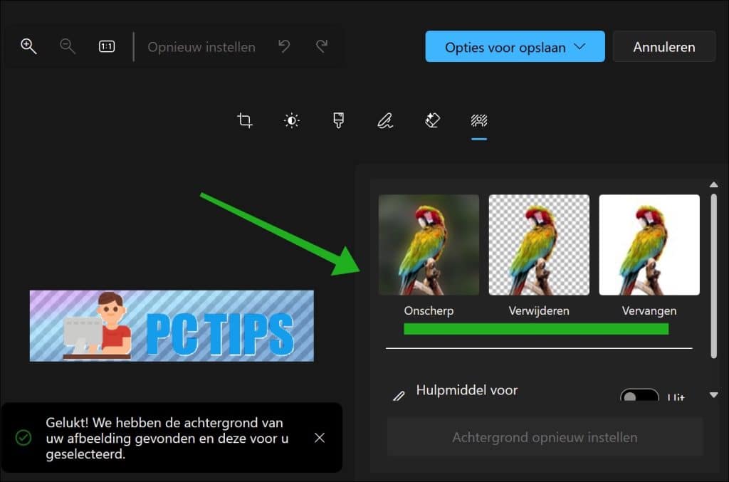 Onscherp, Verwijderen of Vervangen opties