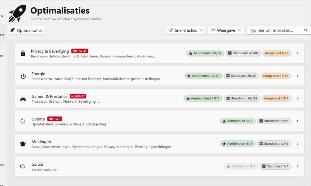 Optimalisatie opties in Winhance