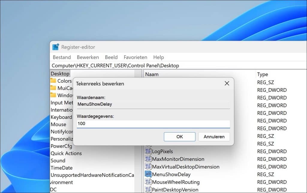 Rechtermuisknopmenu openen sneller maken in Windows 11