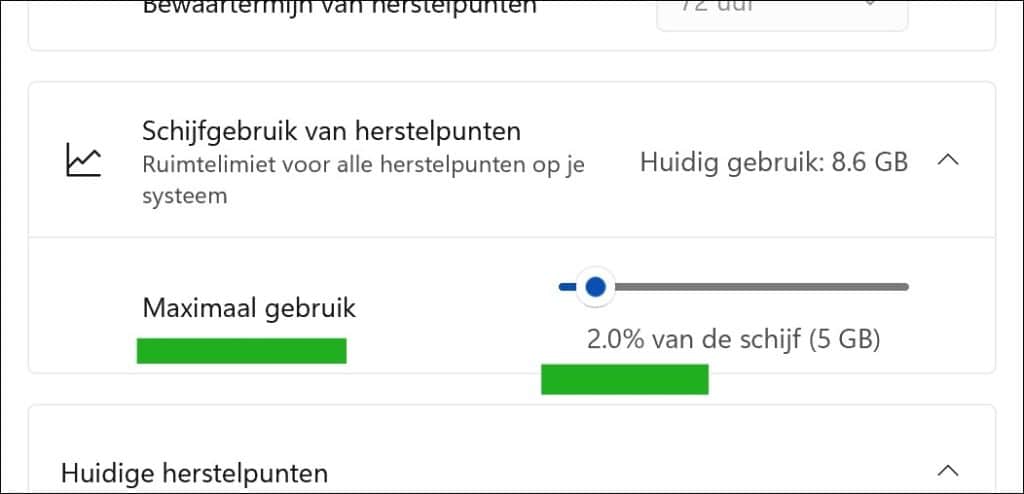 Schijfruimte voor herstelpunten aanpassen