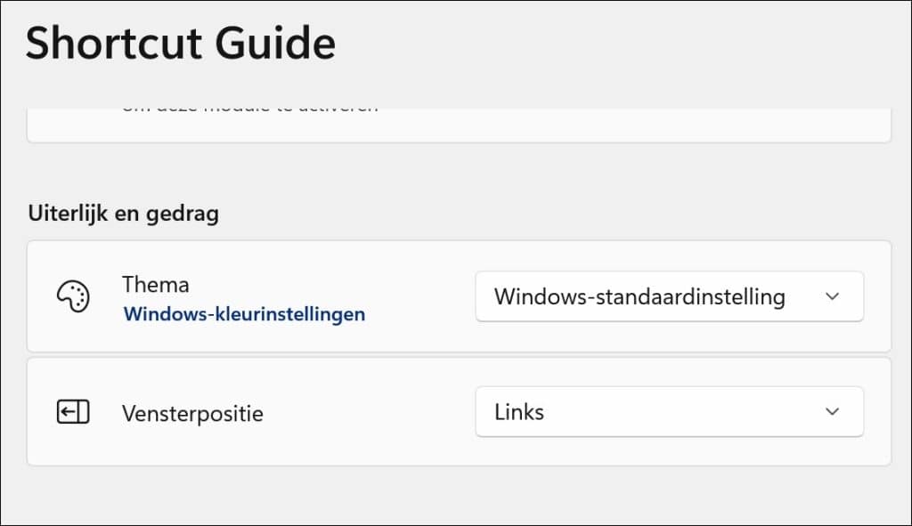 Shortcut guide instellingen weergave wijzigen