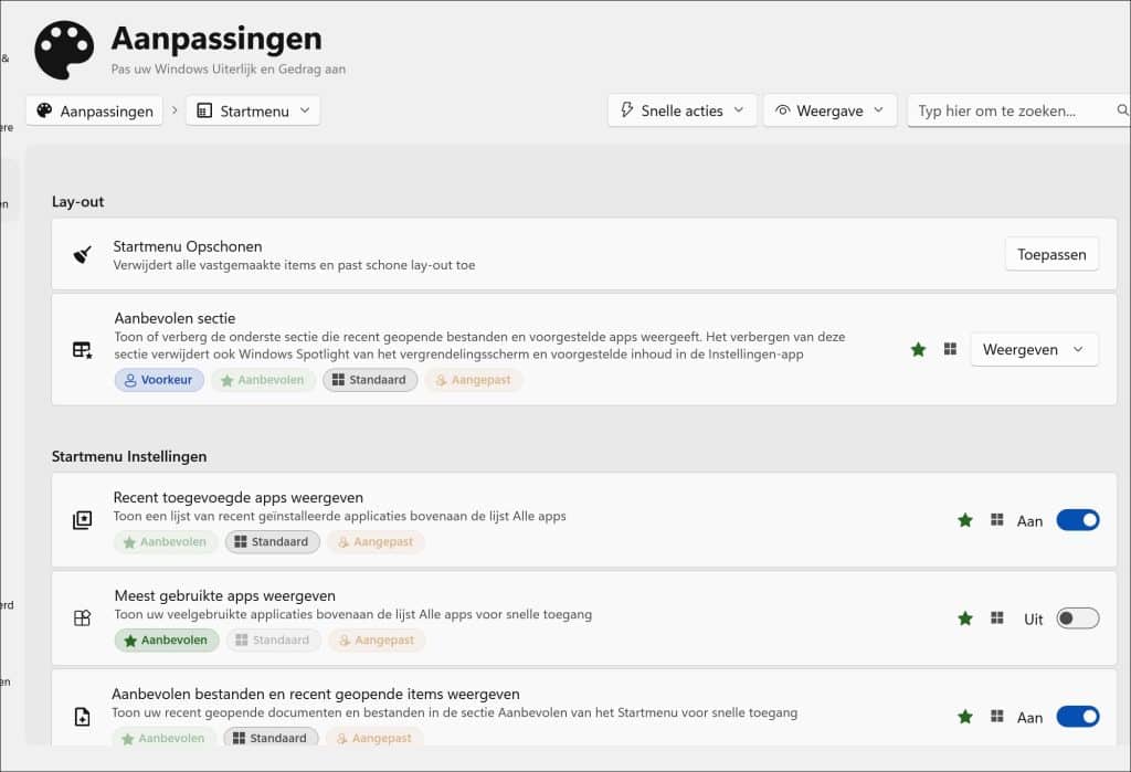 Startmenu aanpassingen winhance