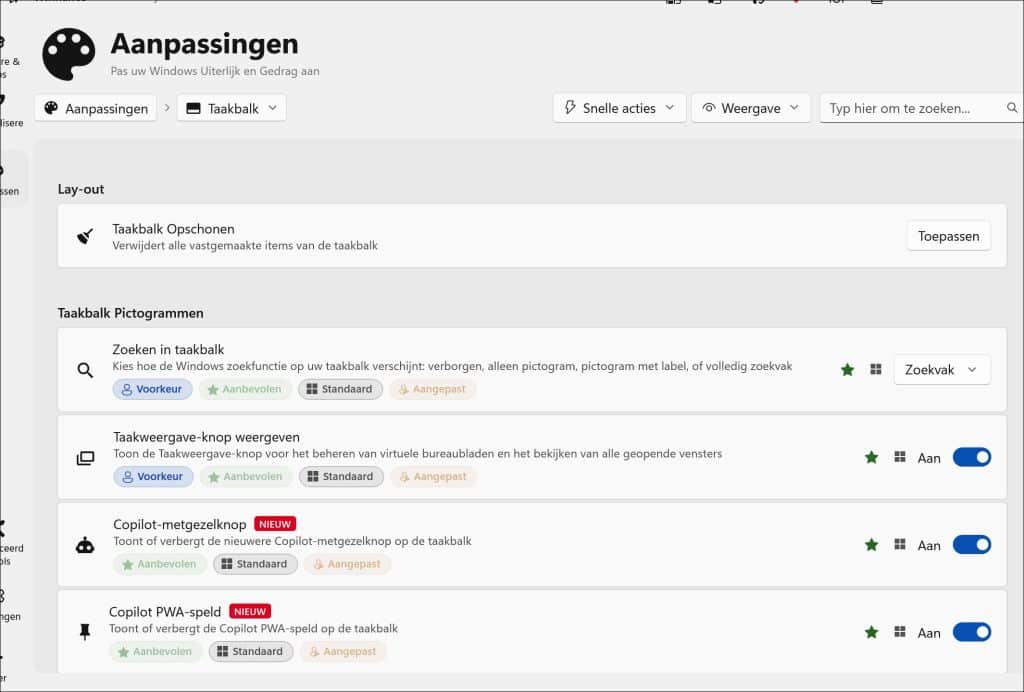 Taakbalk aanpassingen winhance
