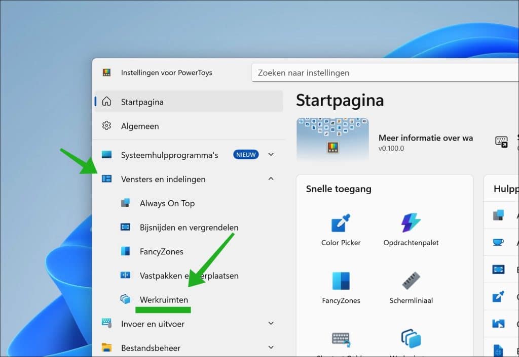 Vensters en indelingen en daarna op Werkruimten