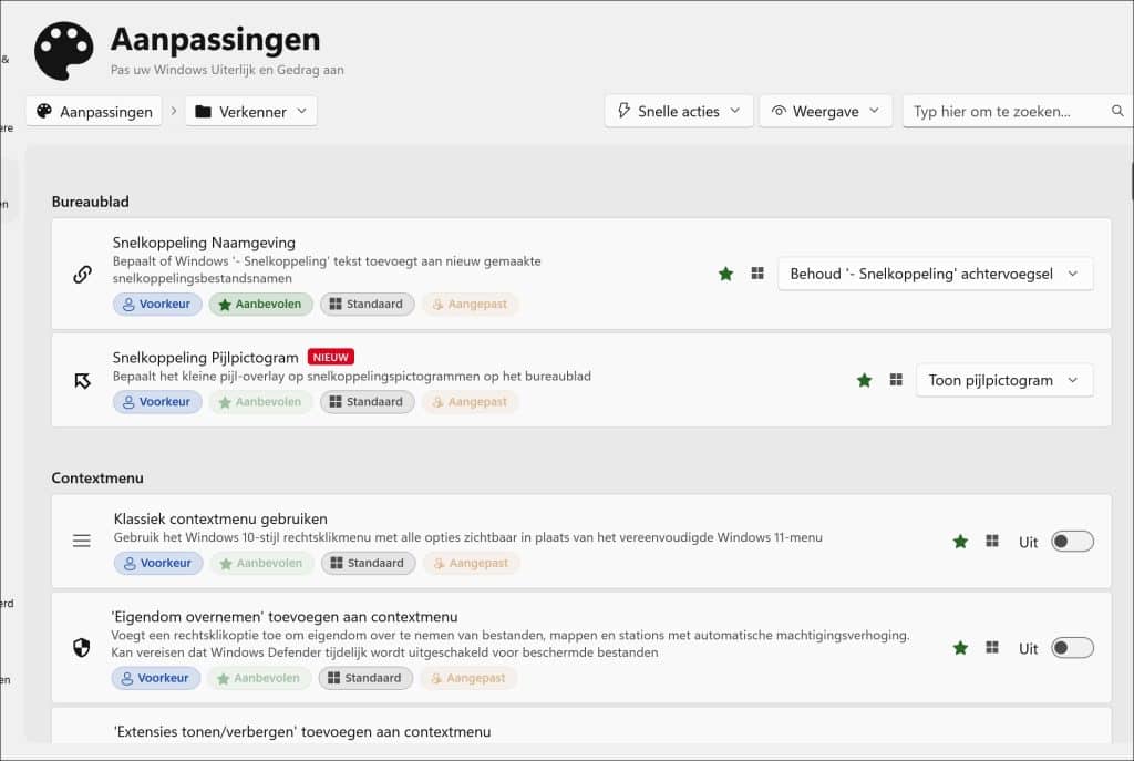 Verkenner aanpassingen winhance