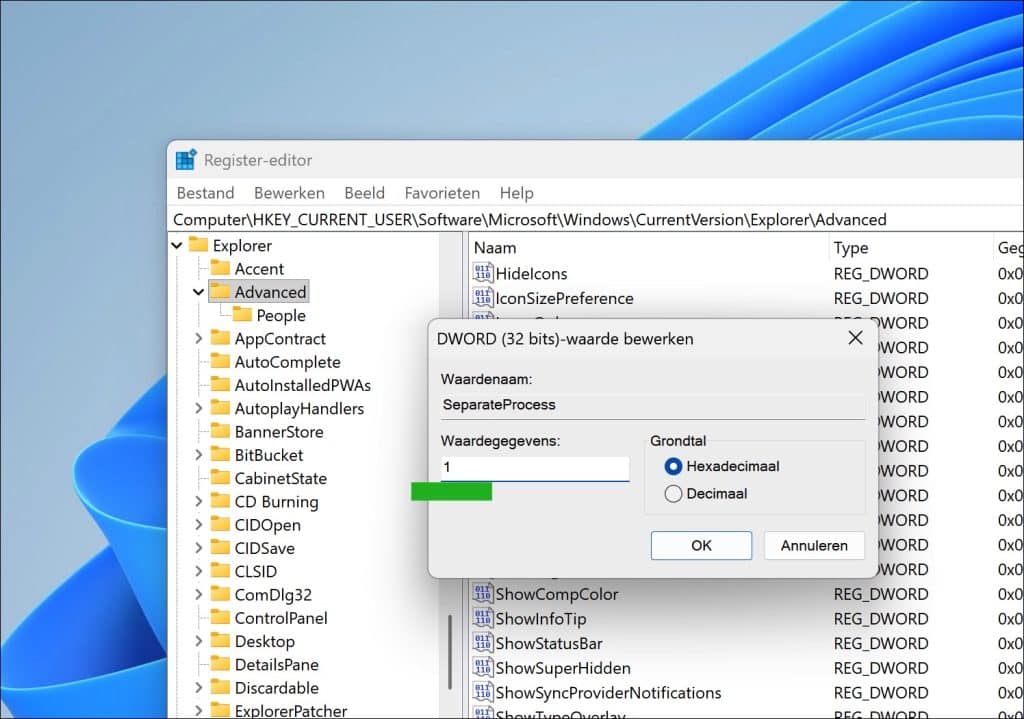 Verkenner openen in apart proces in Windows 11