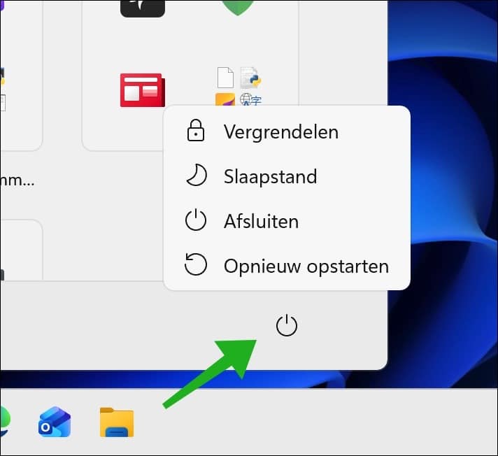 oude situatie startmenu afsluitknoppen