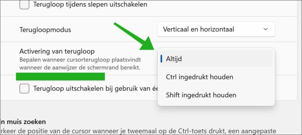 Activering van terugloop wijzigen