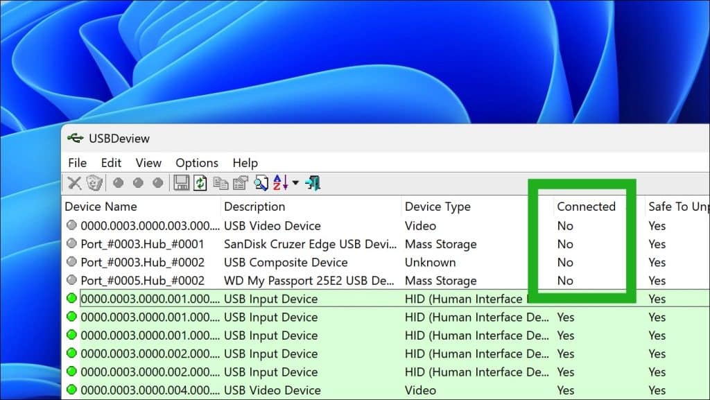 Alleen eerder aangesloten USB-apparaten bekijken