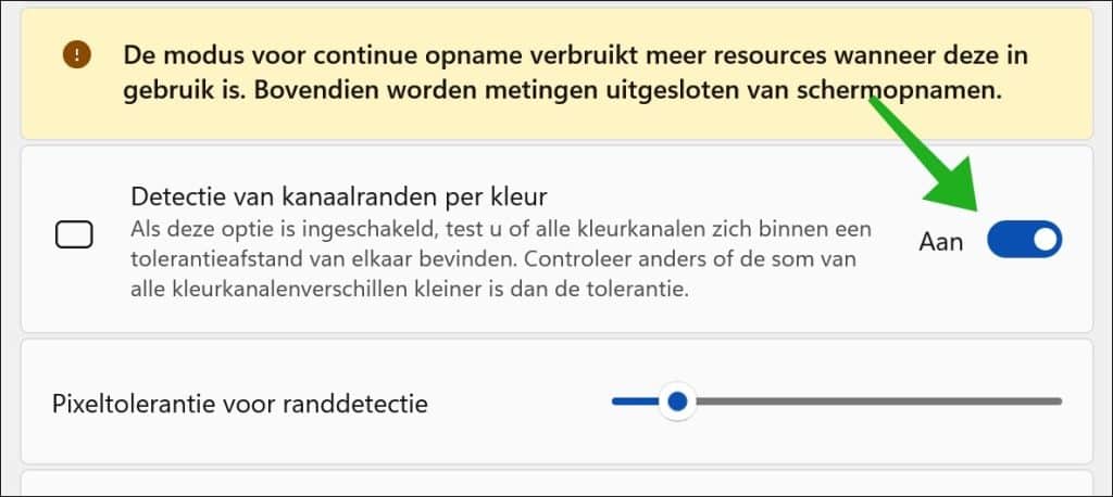 Detectie van kanaalranden per kleur inschakelen
