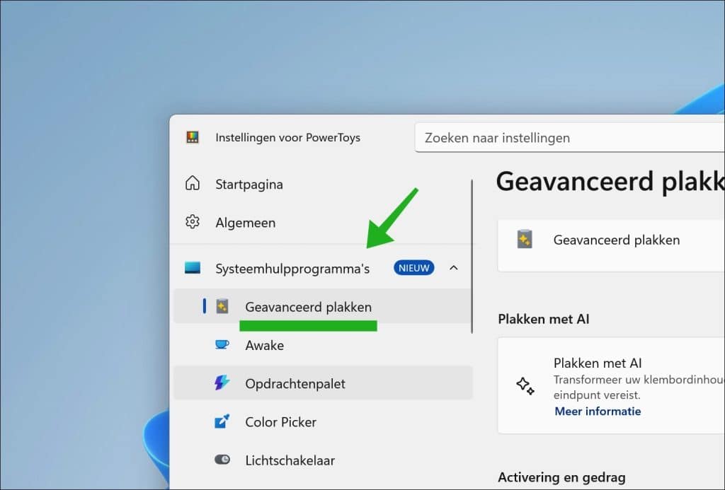 Geavanceerd plakken openen