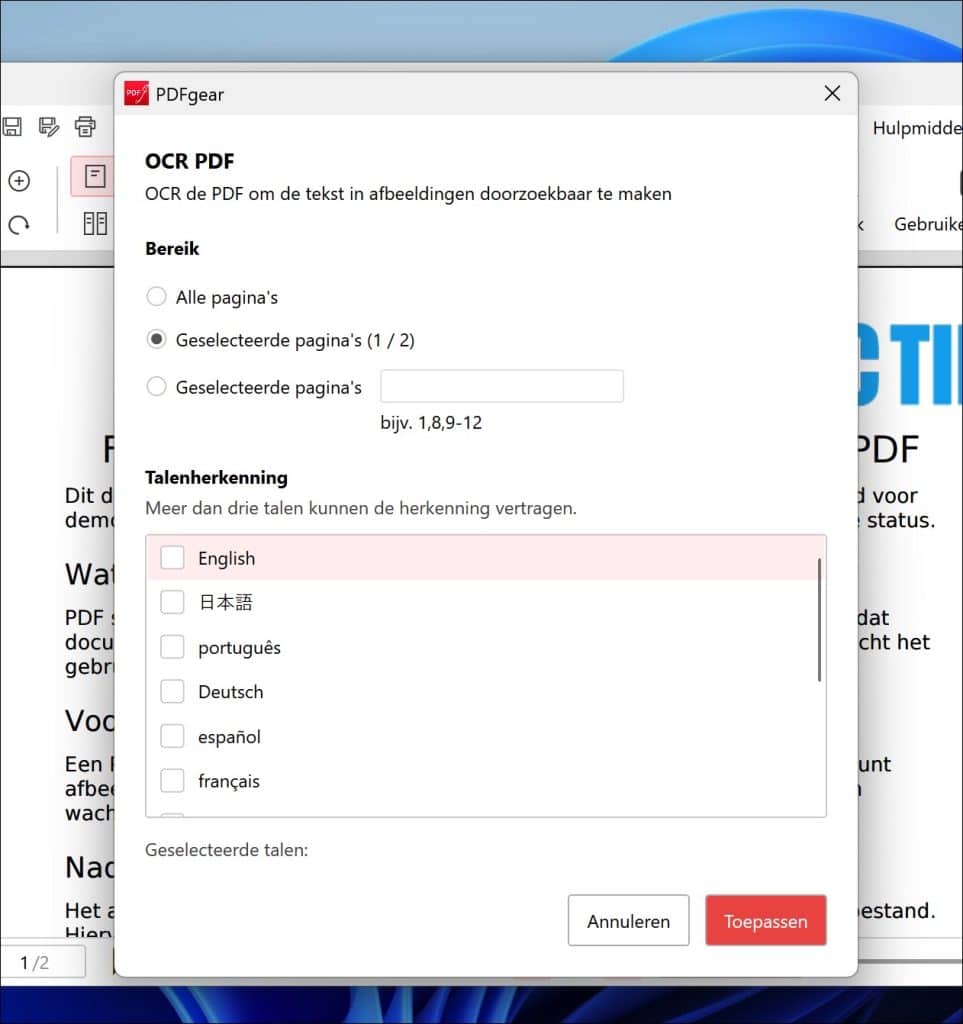 PDFgear de tekst herkennen