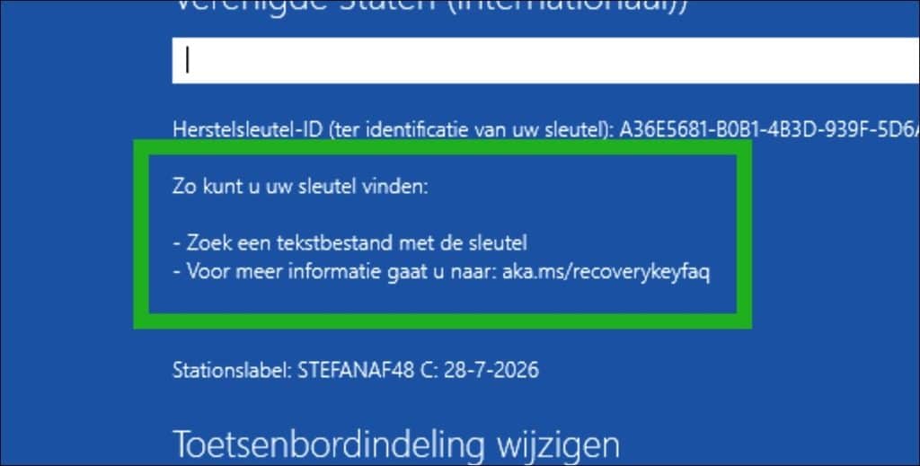 aanwijzing tonen van het Microsoftaccount waarin de sleutel is opgeslagen