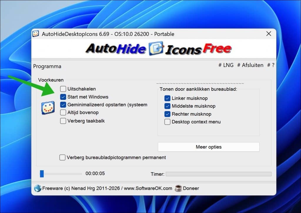 AutoHideDesktopIcons met Windows starten