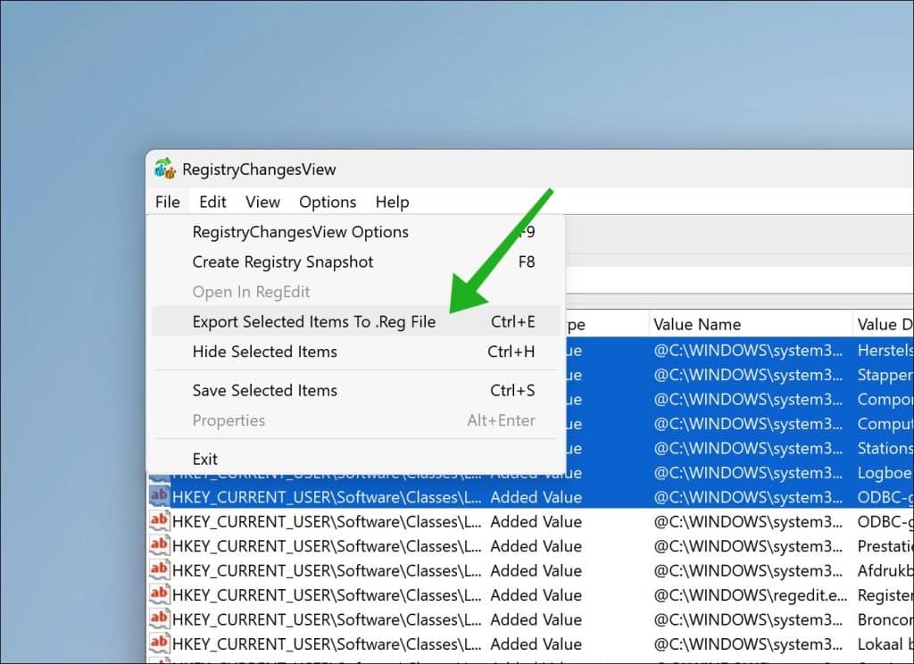 Een REG-bestand van wijzigingen maken