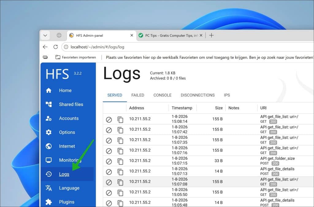 Logs in HFS bekijken
