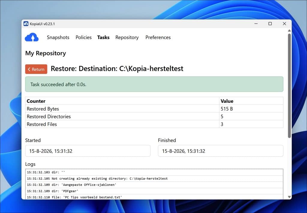 schrijft de herstelde bestanden naar de gekozen doelmap