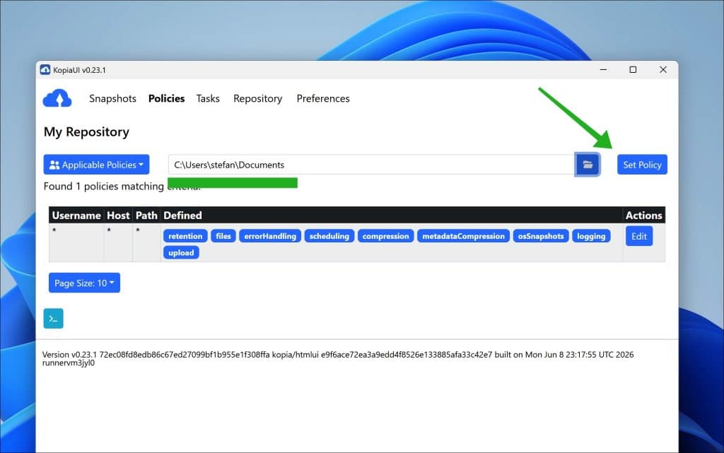 selecteer de backup map en klik daarna op Set Policy