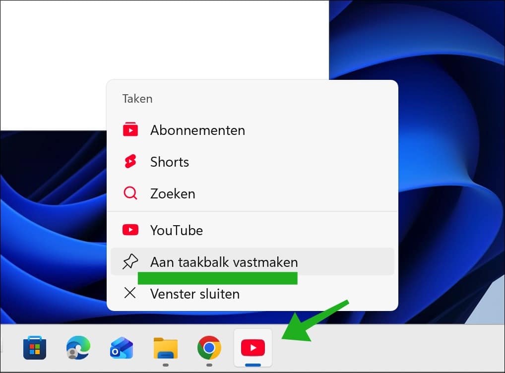 youtube webapp in chrome vastmaken aan de taakbalk
