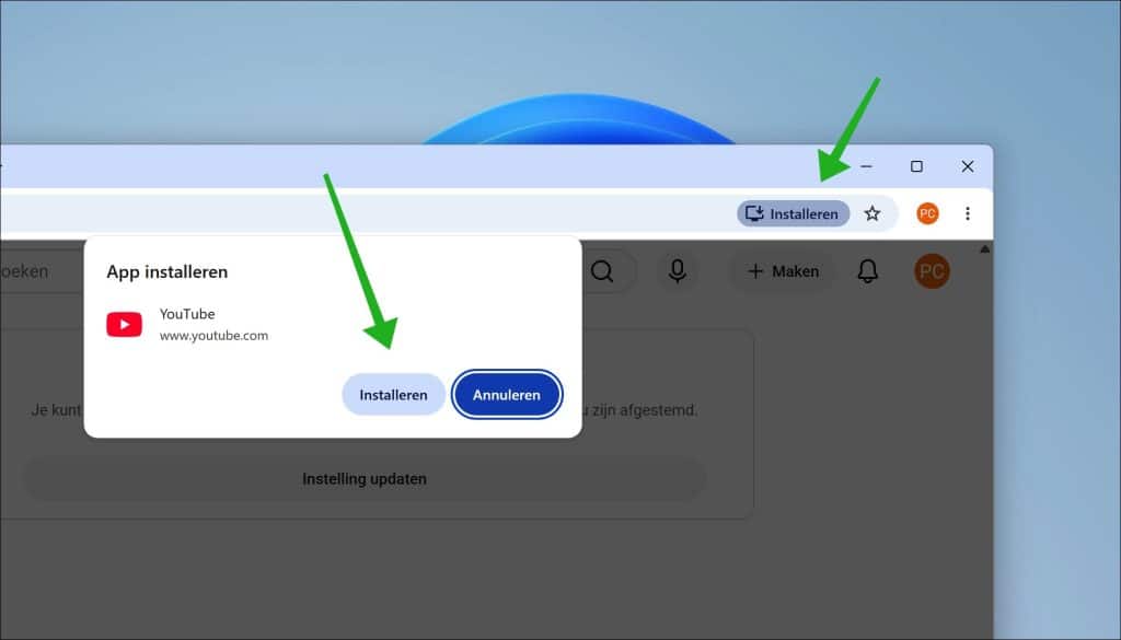 youtube webapp installeren in chrome