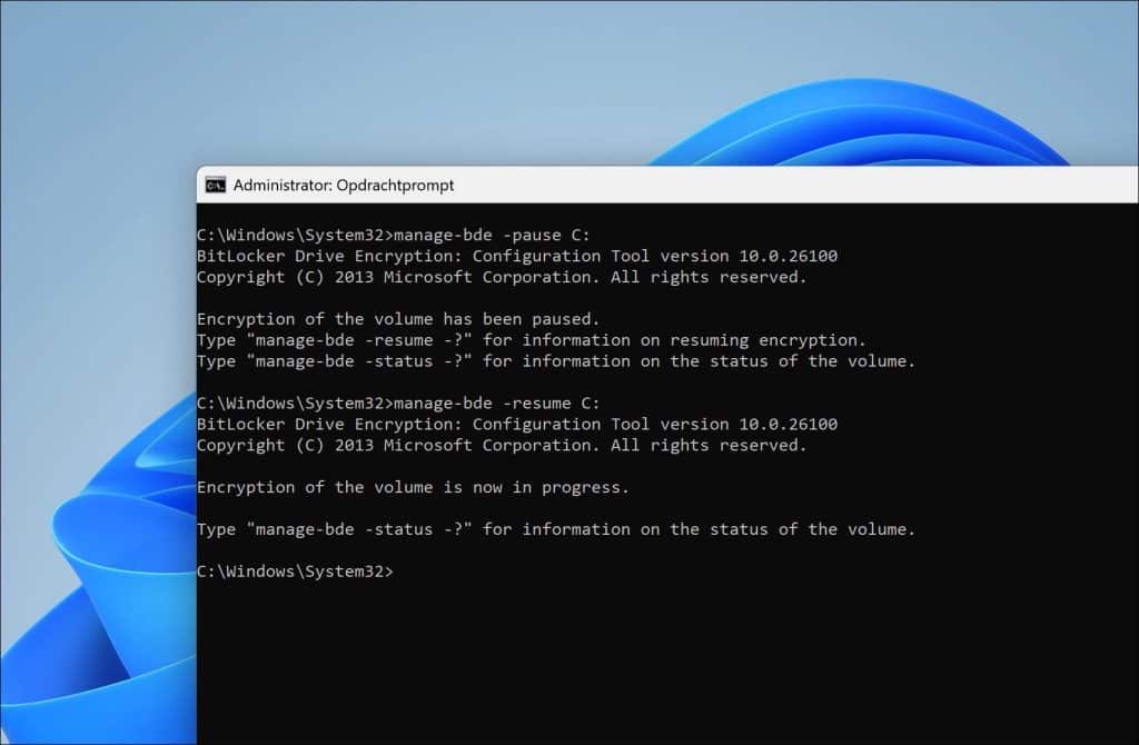 BitLocker pauzeren en opnieuw hervatten