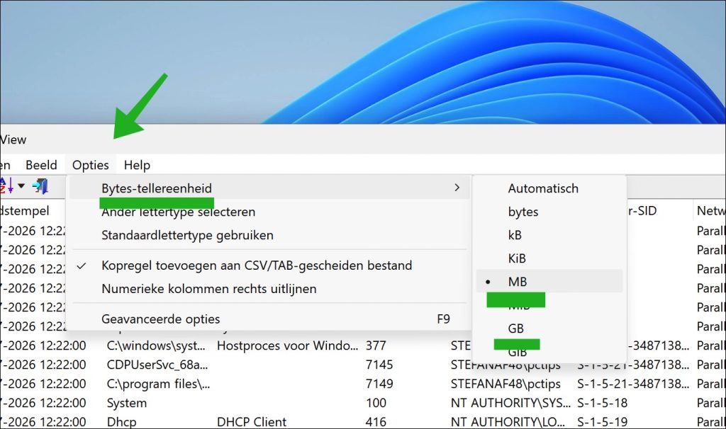 Megabytes en gigabytes weergeven