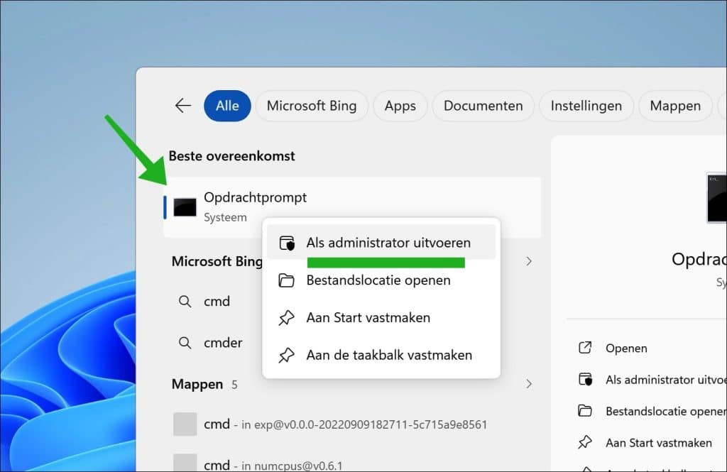 Opdrachtprompt als admin uitvoeren