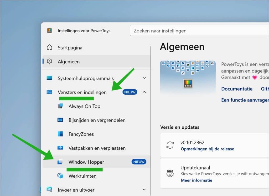 Vensters en indelingen en daarna op Window Hopper
