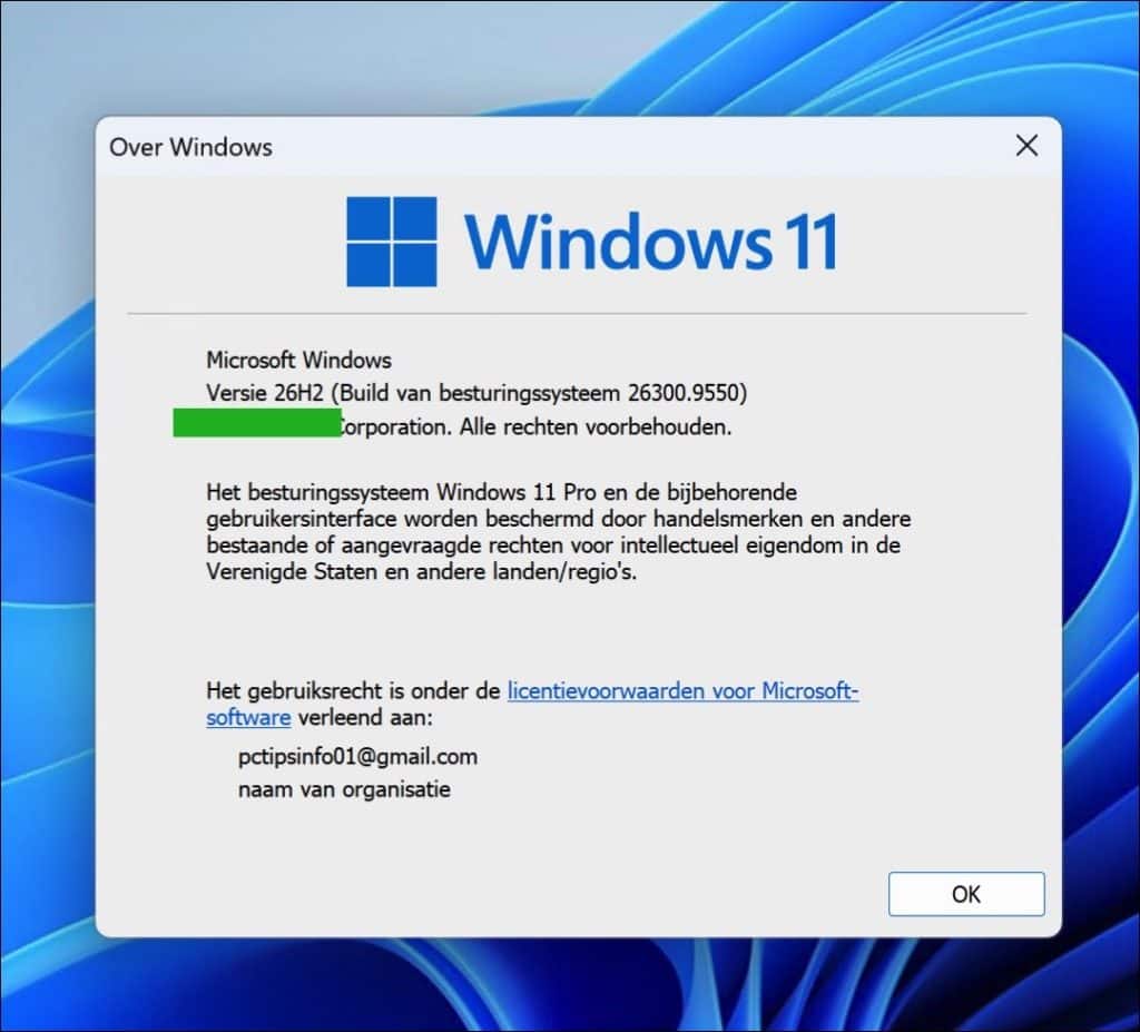 Windows 11 26H2 update is geinstalleerd