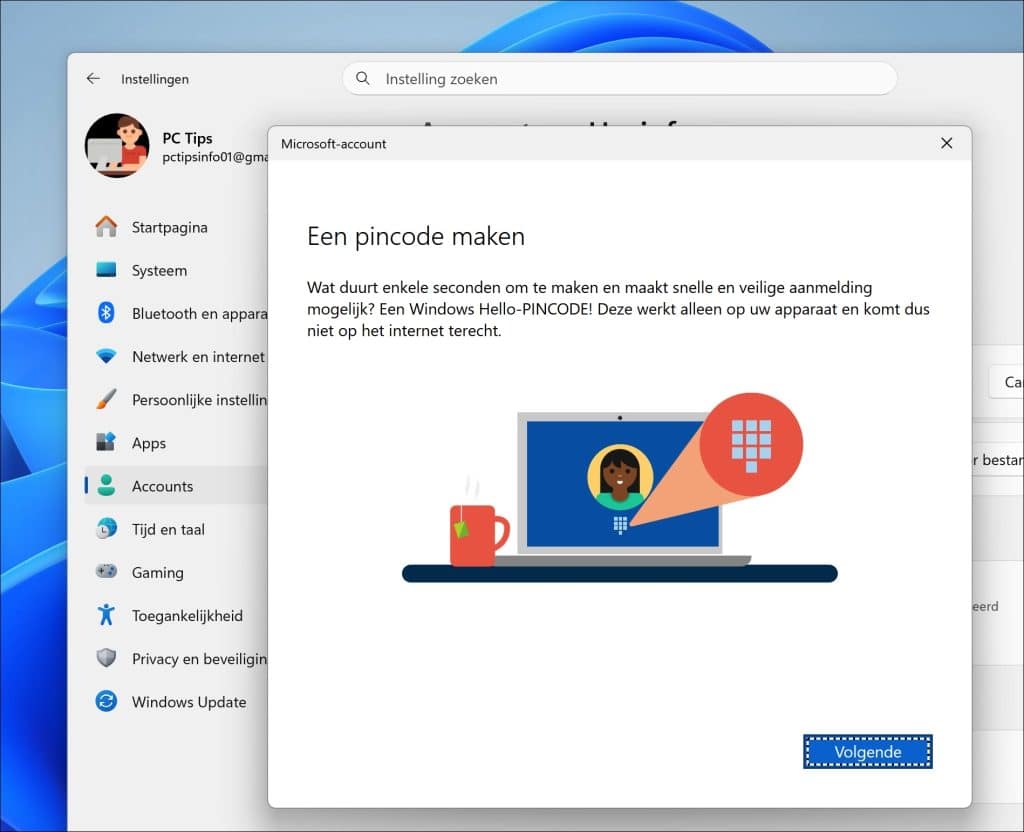 Windows Hello pincode aanmaken