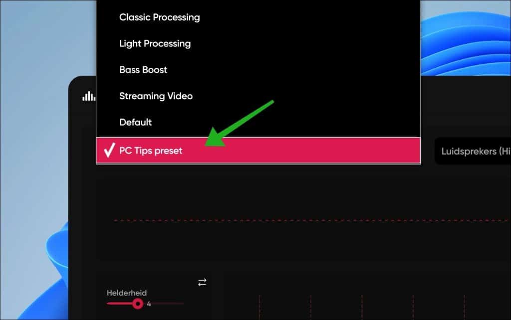 eigen presets verschijnen vervolgens naast de standaardpresets van FxSound