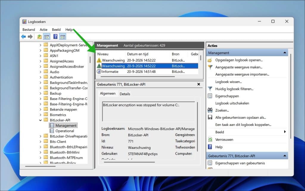 gebeurtenissen met het niveau Fout of Waarschuwing in logboeken voor bitlocker