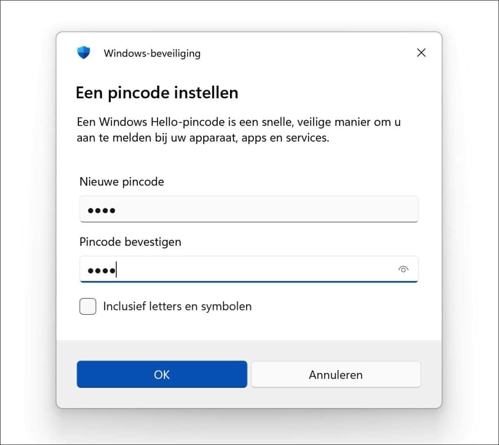 pincode aanmaken