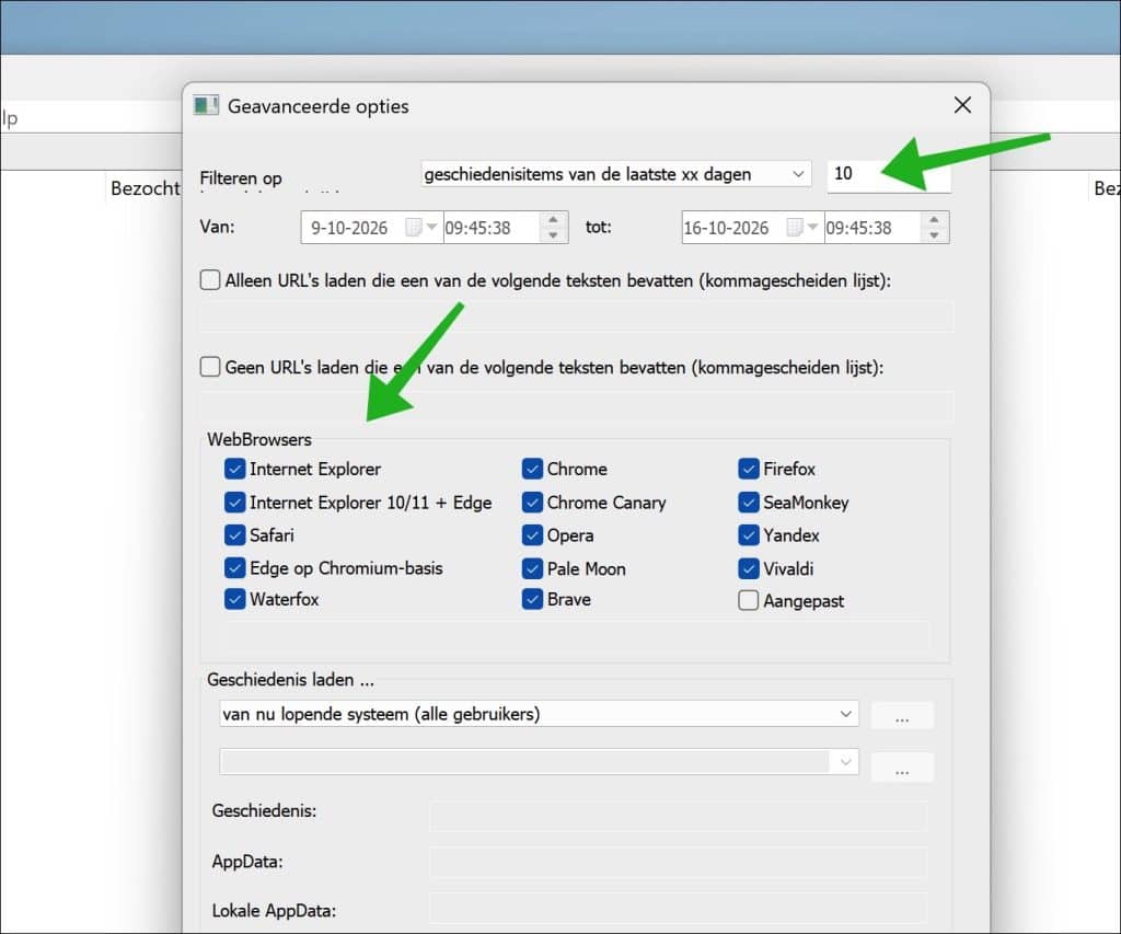 Browsers selecteren en reeks selecteren