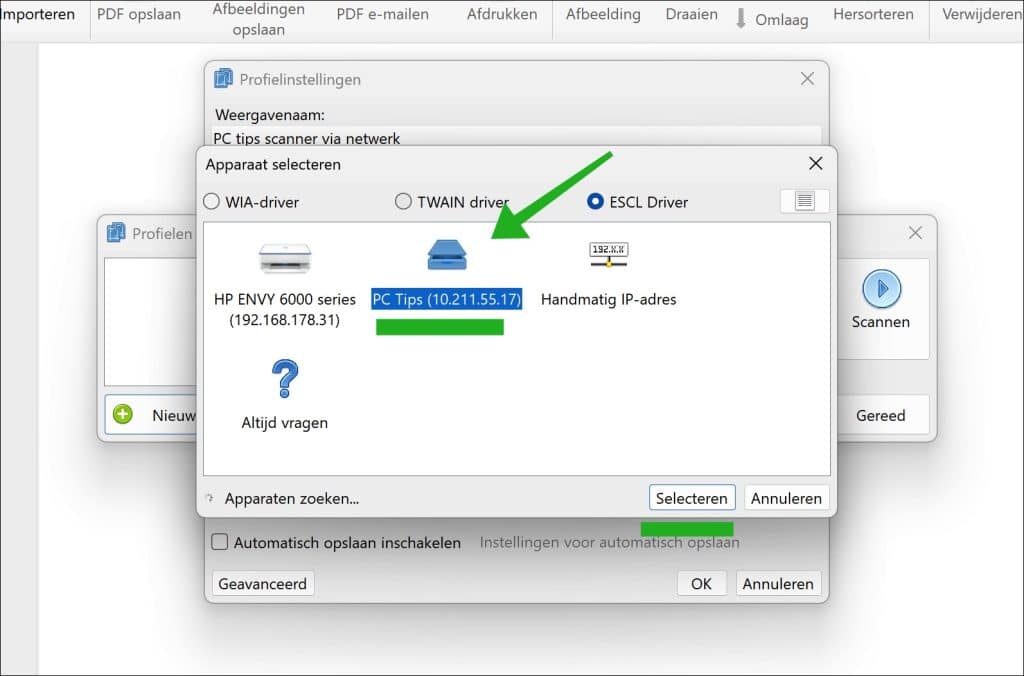 Gedeelde scanner kiezen
