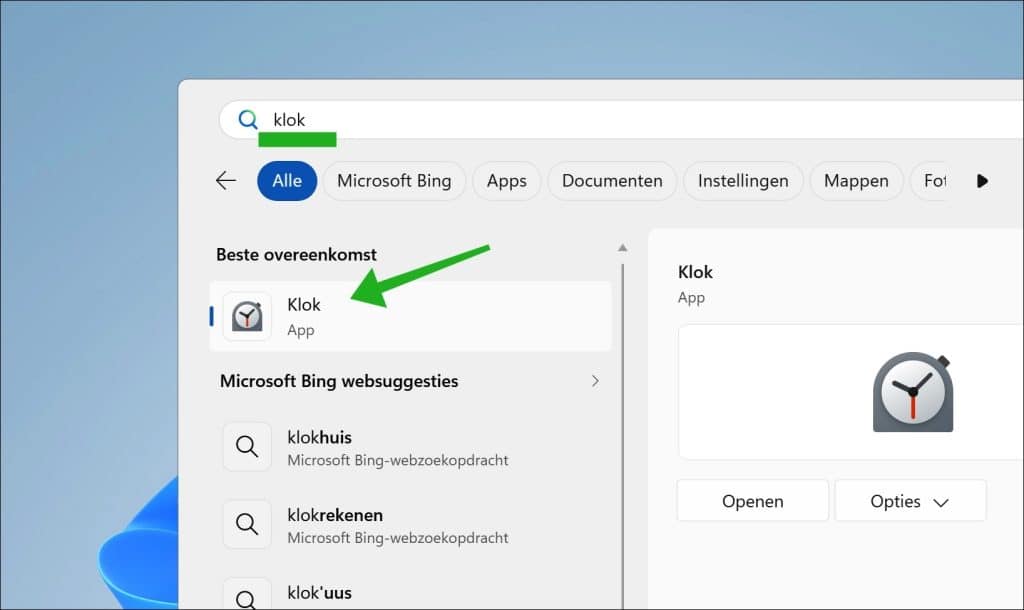 Klok openen in windows 11