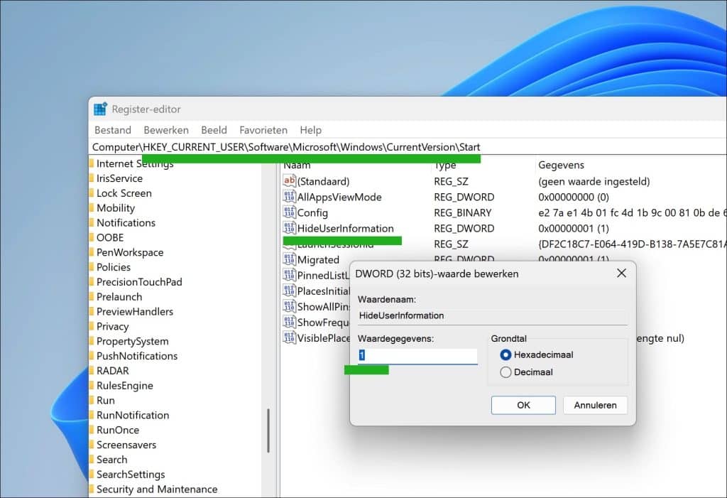 Naam en profielafbeelding verbergen in Startmenu via register