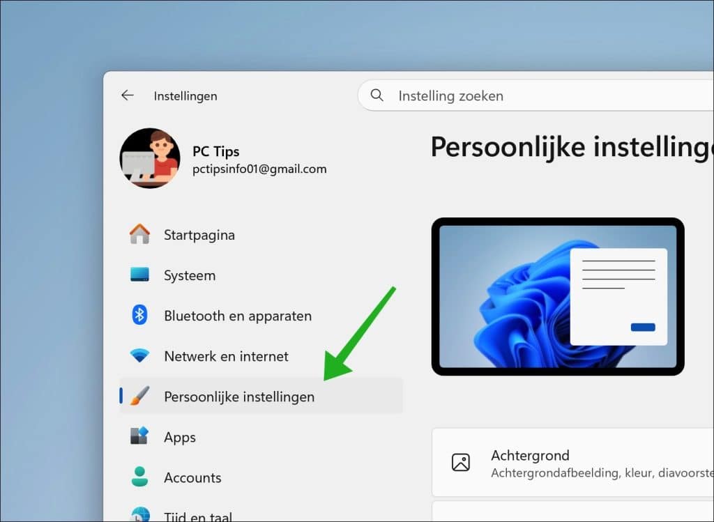 Persoonlijke Instellingen openen