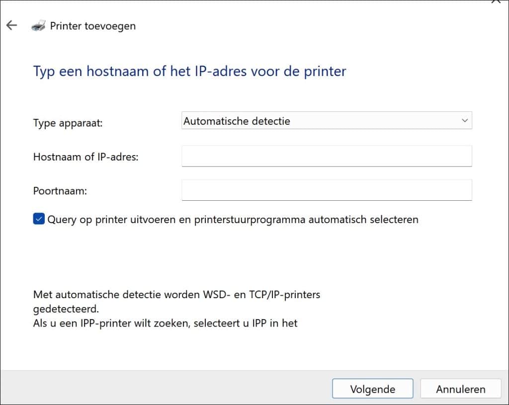 Printer toevoegen via ip adres of hostnaam